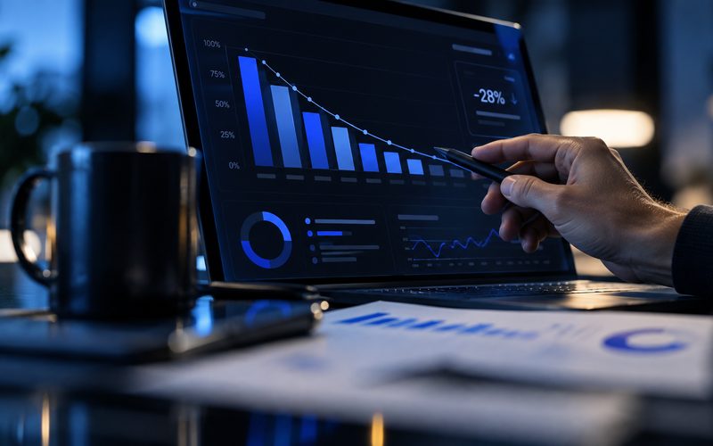 Panel de optimización de costes conectado a marketing, equipo, herramientas, operaciones y proveedores, mostrando una caída del 28% en coste total y un 42% más de inversión en crecimiento
