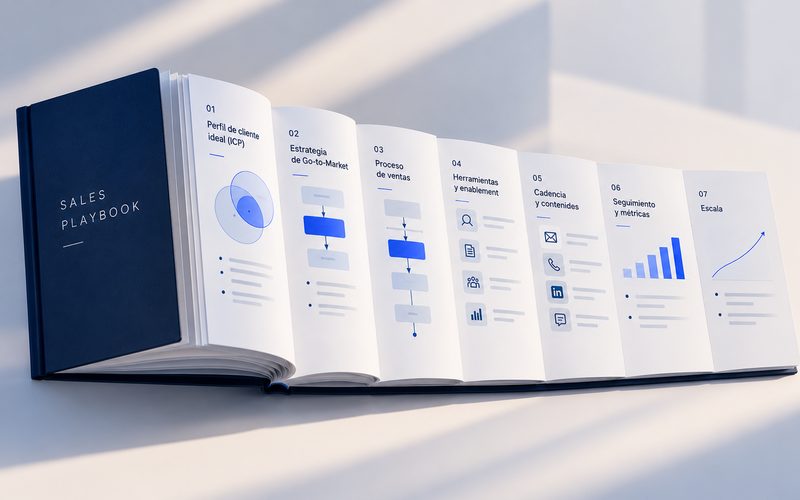 Maqueta de un playbook de ventas abierto con las etapas del proceso comercial ilustradas, desde el perfil de cliente ideal hasta la escala